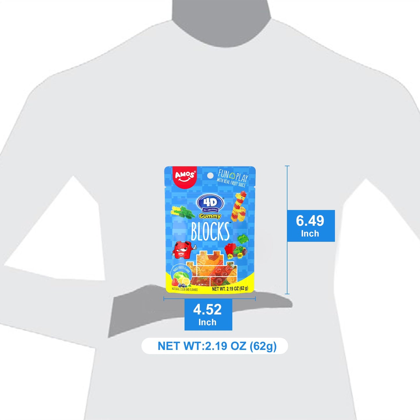 Amos 4D Gummy Blocks Candy Bricks, Natural Flavor Themed Novelty Candy For Kids Birthday Party, Cupcake Topper, Resealable 2.19O