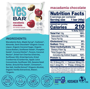 The YES Bar - Macadamia Chocolate - Plant Based Protein Decadent Snack Bar - Vegan Paleo Gluten Free Dairy Free Low Sugar Healthy Snack Breakfast Low Carb Keto Friendly (Pack of 6)