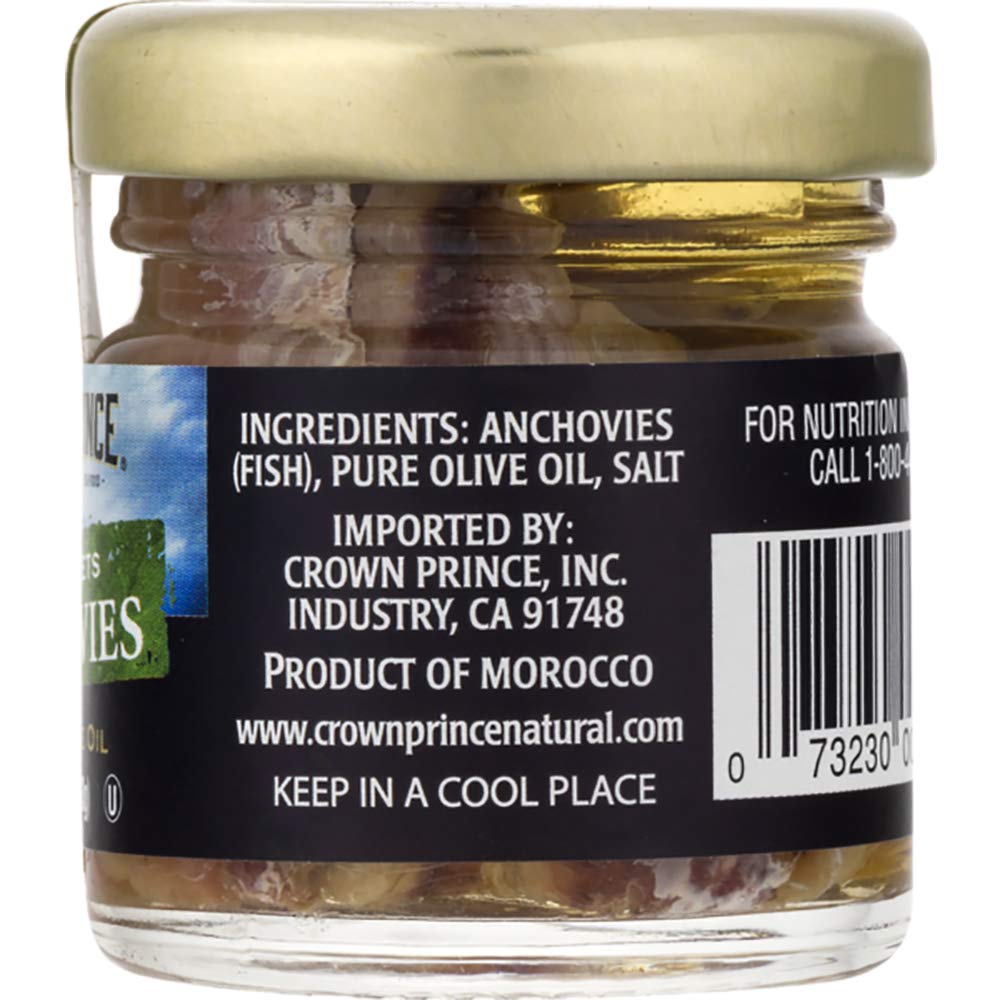 Crown Prince Natural Flat Fillets Of Anchovies In Pure Olive Oil, 1.5-Ounce Jars (Pack Of 18)