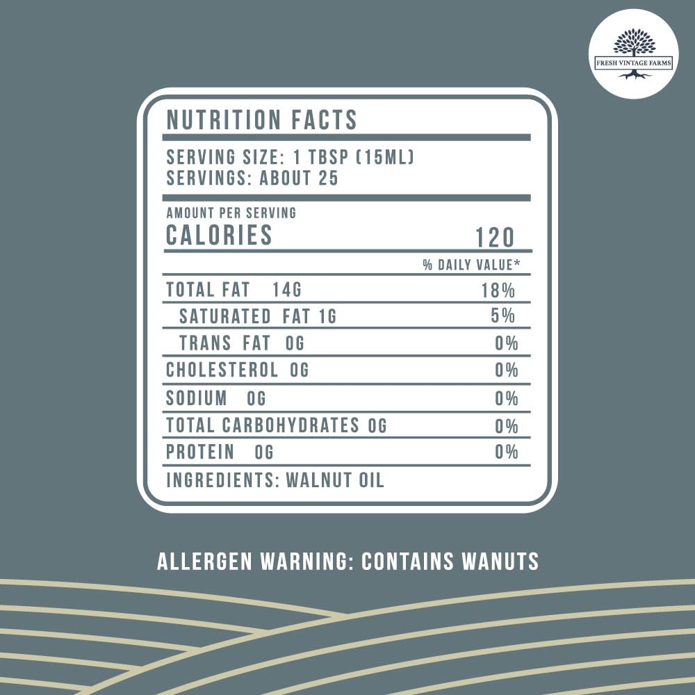 Fresh Vintage Farms, Walnut Oil, Cold Press, California Grown, Great For Cooking, Baking, Grilling, Dipping, & Salads