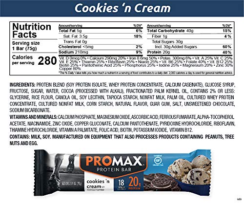 Promax Protein Bar, Cookies n Cream, 20g High Protein, Gluten Free, 12 Count