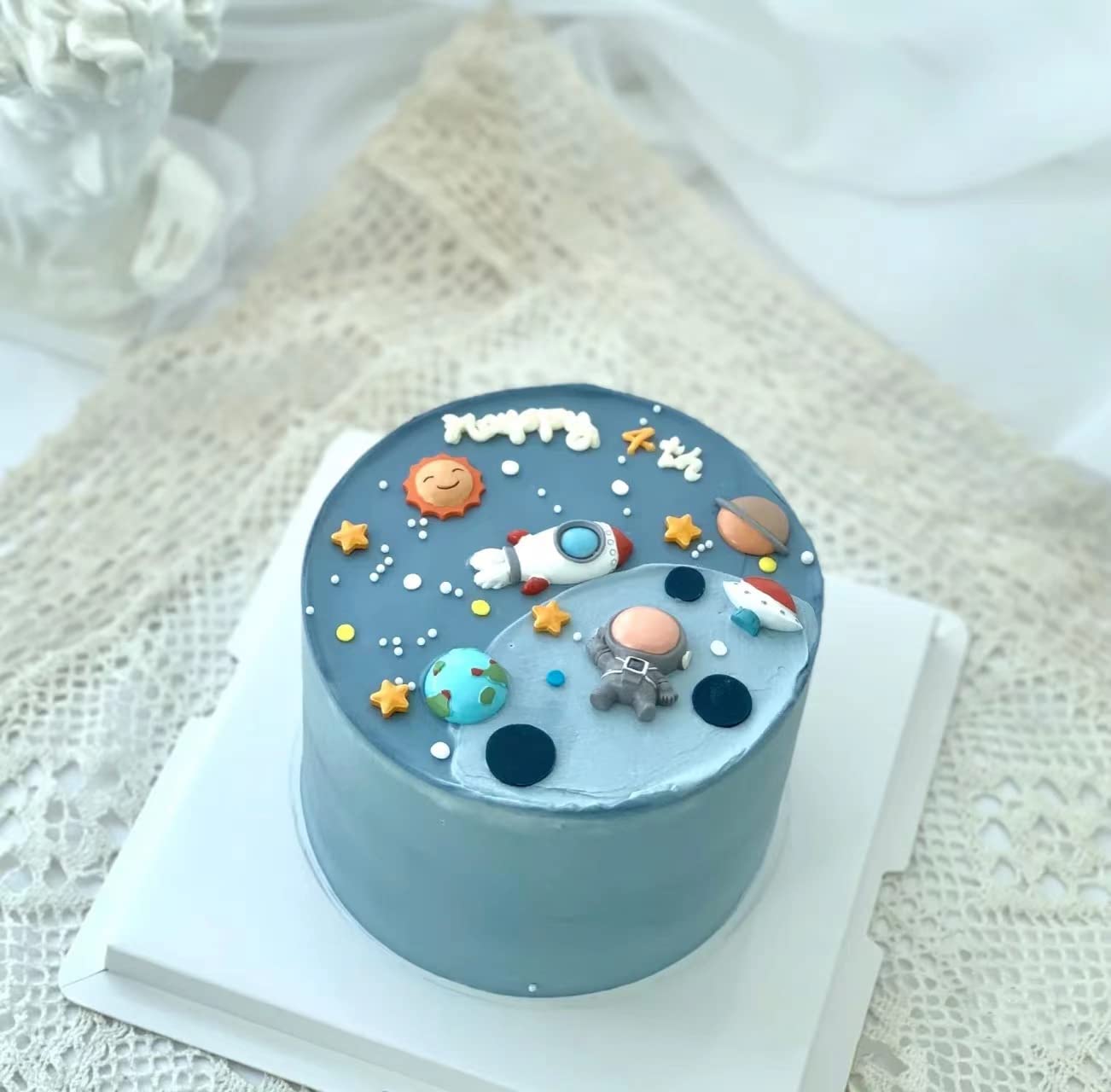 GallaRato Mini Blue Space Cake Decoration - Astronaut & Rocket Topper for First Birthday Celebration