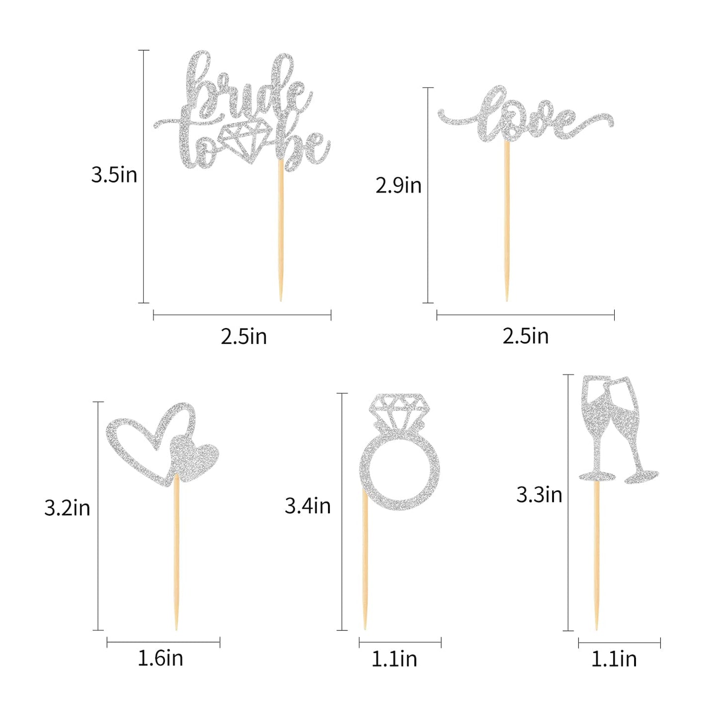 Hengmerry Glitter Diamond Ring Cupcake Toppers, 35 Pcs, Silver, Bamboo for Bridal Shower, Wedding, Engagement Party Supplies