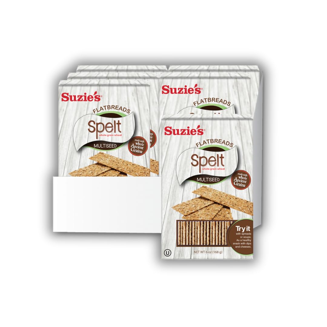 Suzies Spelt Multi-seed Flatbread Crackers| Pack of 6 | Low-Fat & Vegan, Kosher, Whoelgrain | Healthy Snack Option | 4.6 oz eac