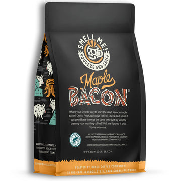 Bones Coffee Company Maple Bacon Whole Coffee Beans, Low Acid Flavored Coffee, Made With Arabica Coffee Beans, Medium Roast Gour