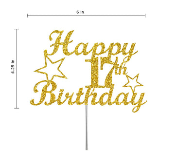 17 Birthday Cake Topper Gold Glitter, Party Decoration Ideas, Enhanced Quality, Sturdy Doubled Sided Glitter, Acrylic Stick. Made In Usa (17Th)