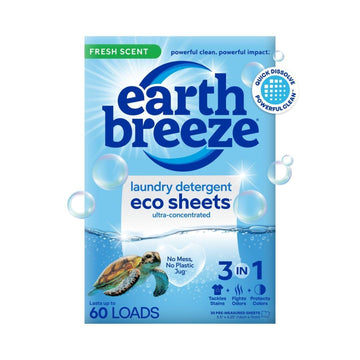 Earth Breeze Laundry Detergent Sheets - Fresh Scent - No Plastic Jug (60 Loads) 30 Sheets, Liquidless Technologya