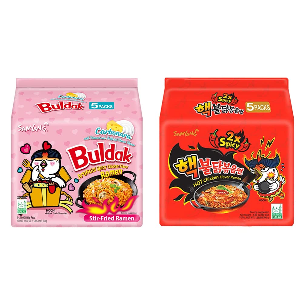 Samyang Buldak Hot Spicy Chicken Ramen Noodle Korean Stir-Fried Ramen, 2X Spicy 4.94 Oz(140G) & Carbonara Flavor 4.58Oz(130G), 5 Pack For Each Flavor