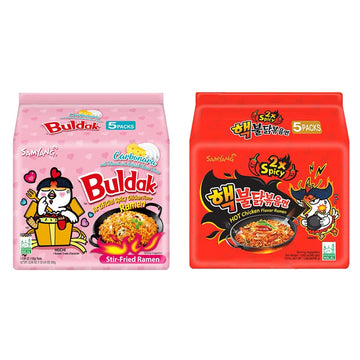 Samyang Buldak Hot Spicy Chicken Ramen Noodle Korean Stir-Fried Ramen, 2X Spicy 4.94 Oz(140G) & Carbonara Flavor 4.58Oz(130G), 5 Pack For Each Flavor