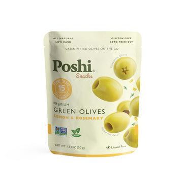 Oloves Green Greek Pitted Olives | Lemon & Rosemary | Vegan, Kosher, Gluten Free + Keto Friendly, Fresh, All Natural Low Calorie Healthy Snacks | (30 Pack, 1.1Oz Bags)