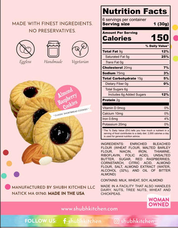 Shubh Kitchen Almond Raspberry Cookies - Gourmet Jam-Filled, Egg-Free & Vegetarian, 6 oz Pack, Handmade, Red & Light Brown