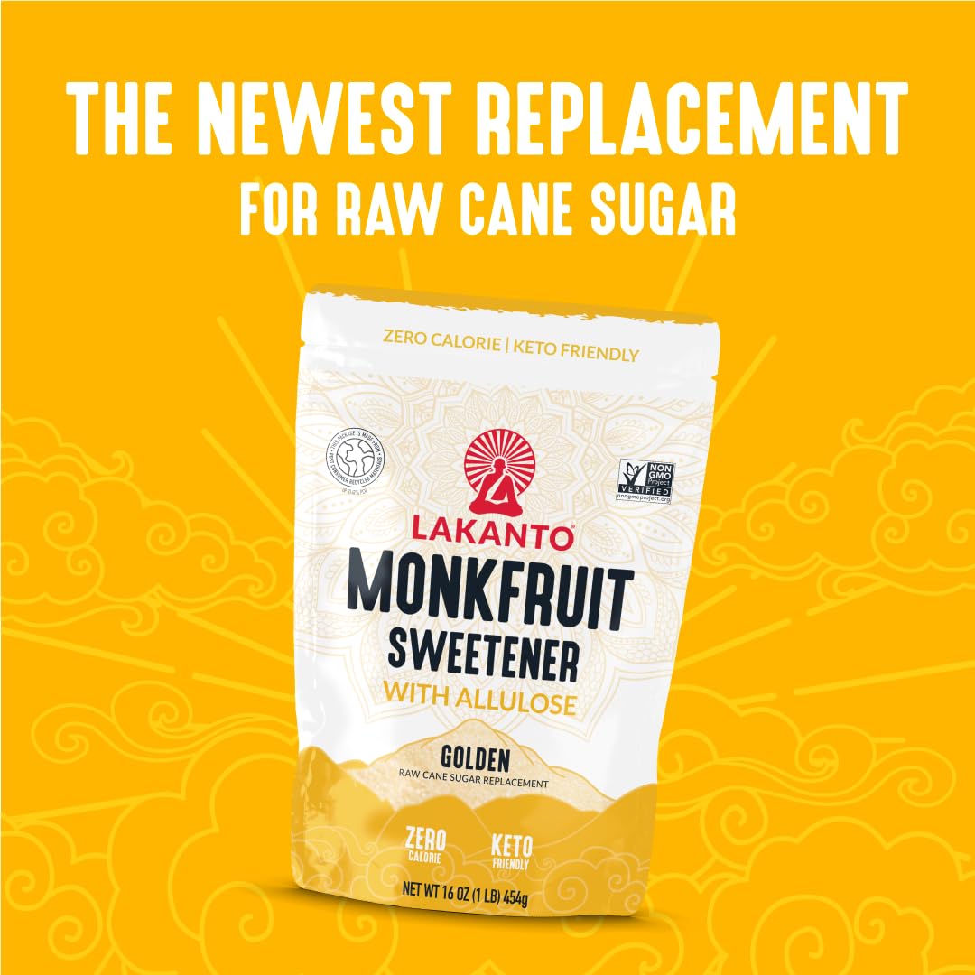Lakanto Golden Monk Fruit Sweetener with Allulose - Raw Cane Sugar Substitute, Erythritol Free, Gluten Free, Vegan, Keto Friendl