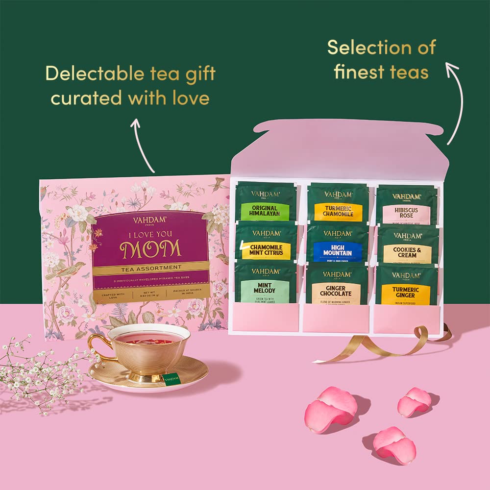 I Love You Mom - Gifts For Mom | Assorted Tea Gift Set (9 Count) Individually Wrapped Long Leaf Pyramid Tea Bags | Mom Gift From