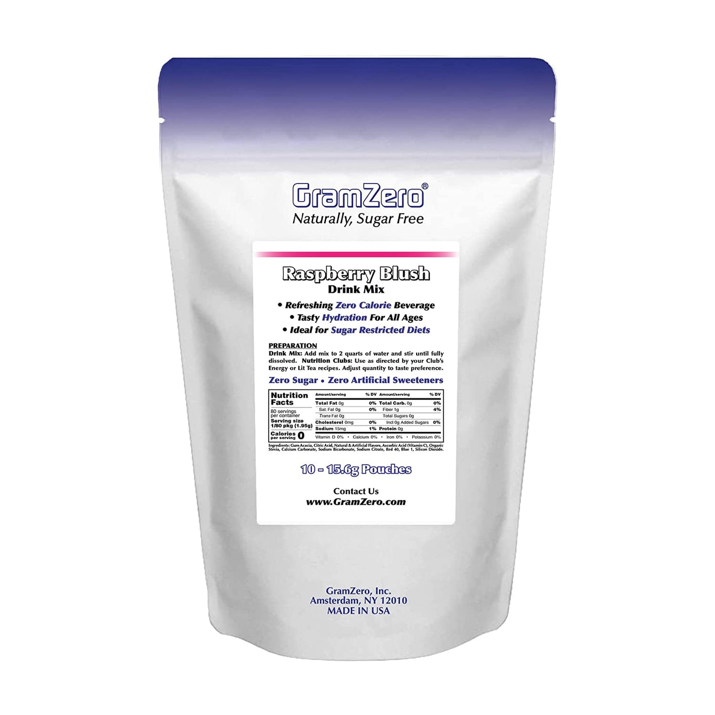 GramZero Sugar Free Raspberry Blush Drink Mix, 10 Count Pitcher Pack, Zero Calorie, Stevia Sweetened for Nutrition Clubs