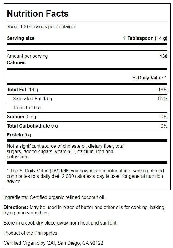 Swanson 100% Certified Organic Flavor Free Coconut Oil Cooking Baking Frying Beauty Efas Mcts 3 Lbs 6 Ounces (1.53 Kg) Solid Oil