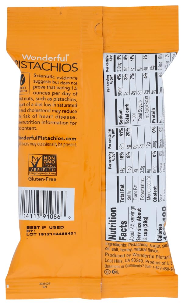 Wonderful No Shell Honey Roasted Pistachios, 2.25 Ounce - 24 Per Case.