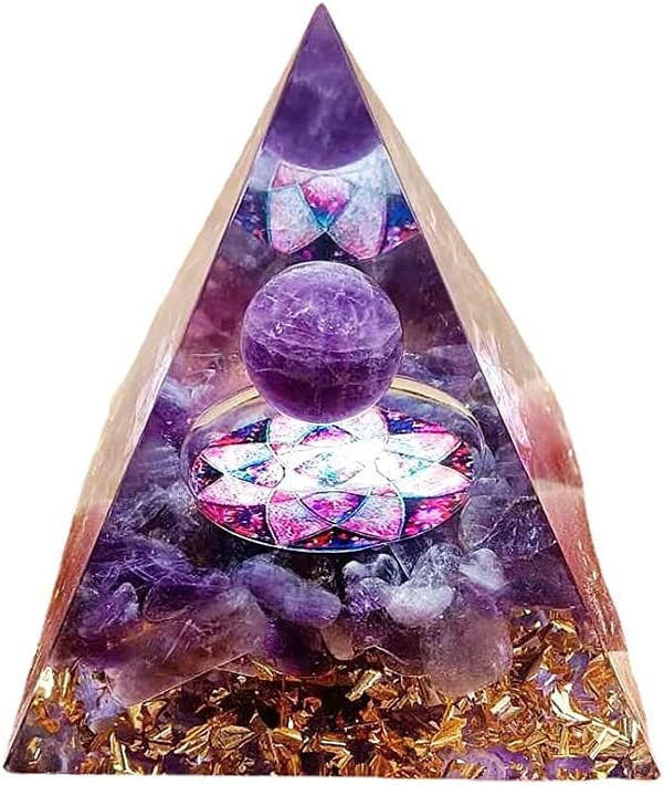 Moonstone Crystal Orgone Pyramid - Amethyst Ball Lotus - Ogan Crystal Energy Tower - Nature Reiki Healing Chakra Crushed Stone J