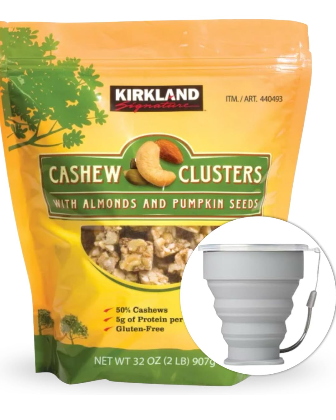 Kirkland Signature Cashew Clusters 2 Lbs Item 440493 Bundle With Moralza Silicone Collapsible Cup 200Ml - 2 Items