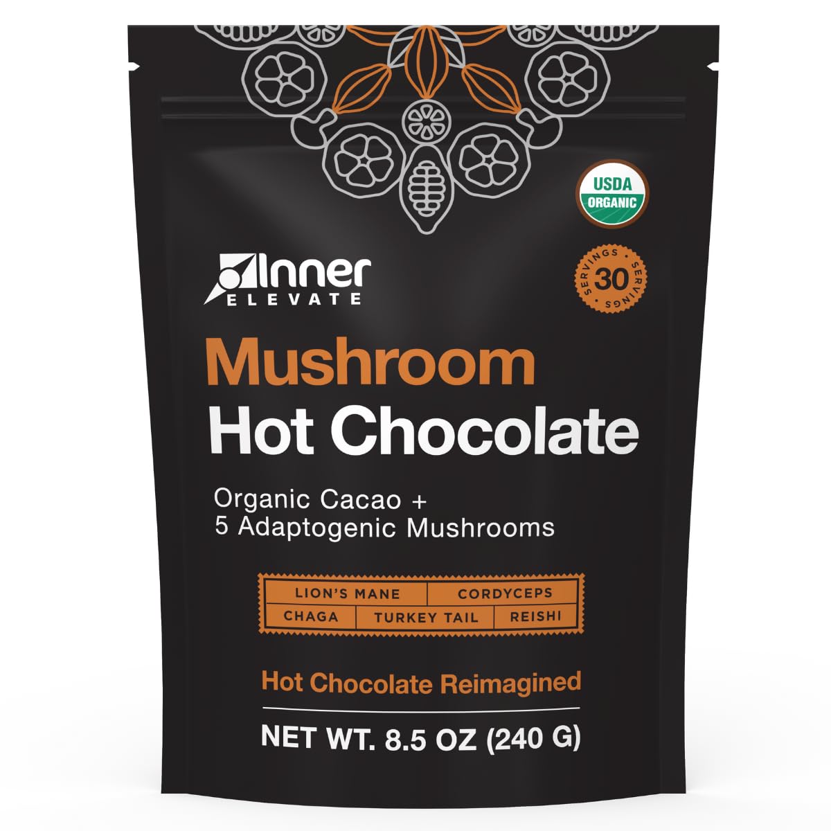Organic Mushroom Hot Chocolate - Ceremonial Cacao With 5 Mushrooms (LionS Mane Cordyceps Chaga Reishi Turkey Tail) - Great As A Coffee Alternative Hot Chocolate Or Smoothie (30 Servings)