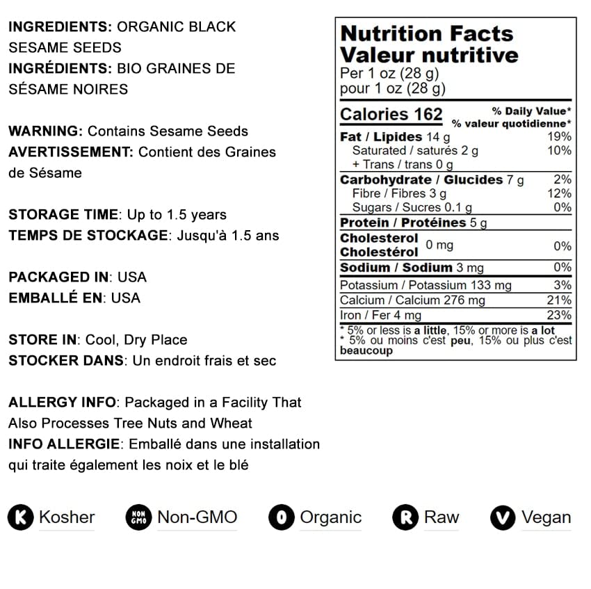 Food To Live Organic Black Sesame Seeds - Non-Gmo, Raw Unhulled Kala Til Seeds, Unroasted, Kosher, Vegan, Bulk. Good Source Of C