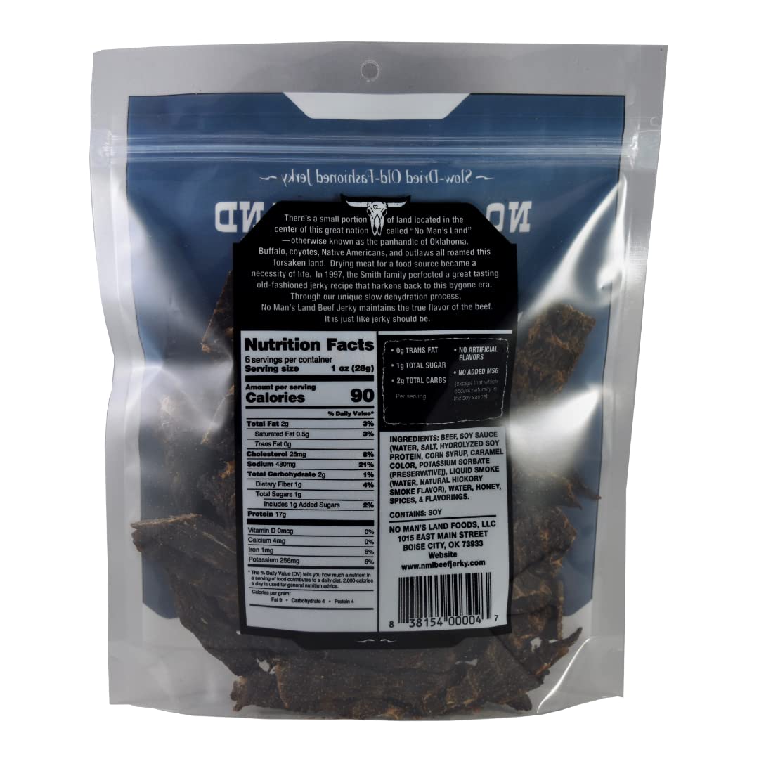 No Mans Land Mild Beef Jerky High Protein Low Calorie Low Carb Beef Snack 6.0Oz Bag