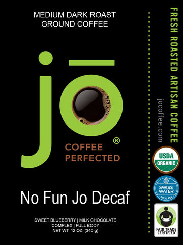 No Fun Jo Decaf: 12 Oz, Organic Decaf Ground Coffee, Swiss Water Process, Fair Trade Certified, Medium Dark Roast, 100% Arabica