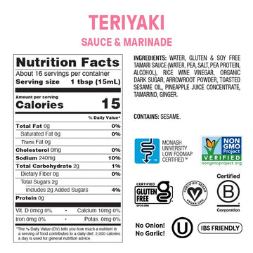 Fody Foods No Soy Teriyaki Sauce & Marinade, 8.5 Oz, Garlic and Onion Free, Low FODMAP Certified, Gut & IBS Friendly, Vegan, Non