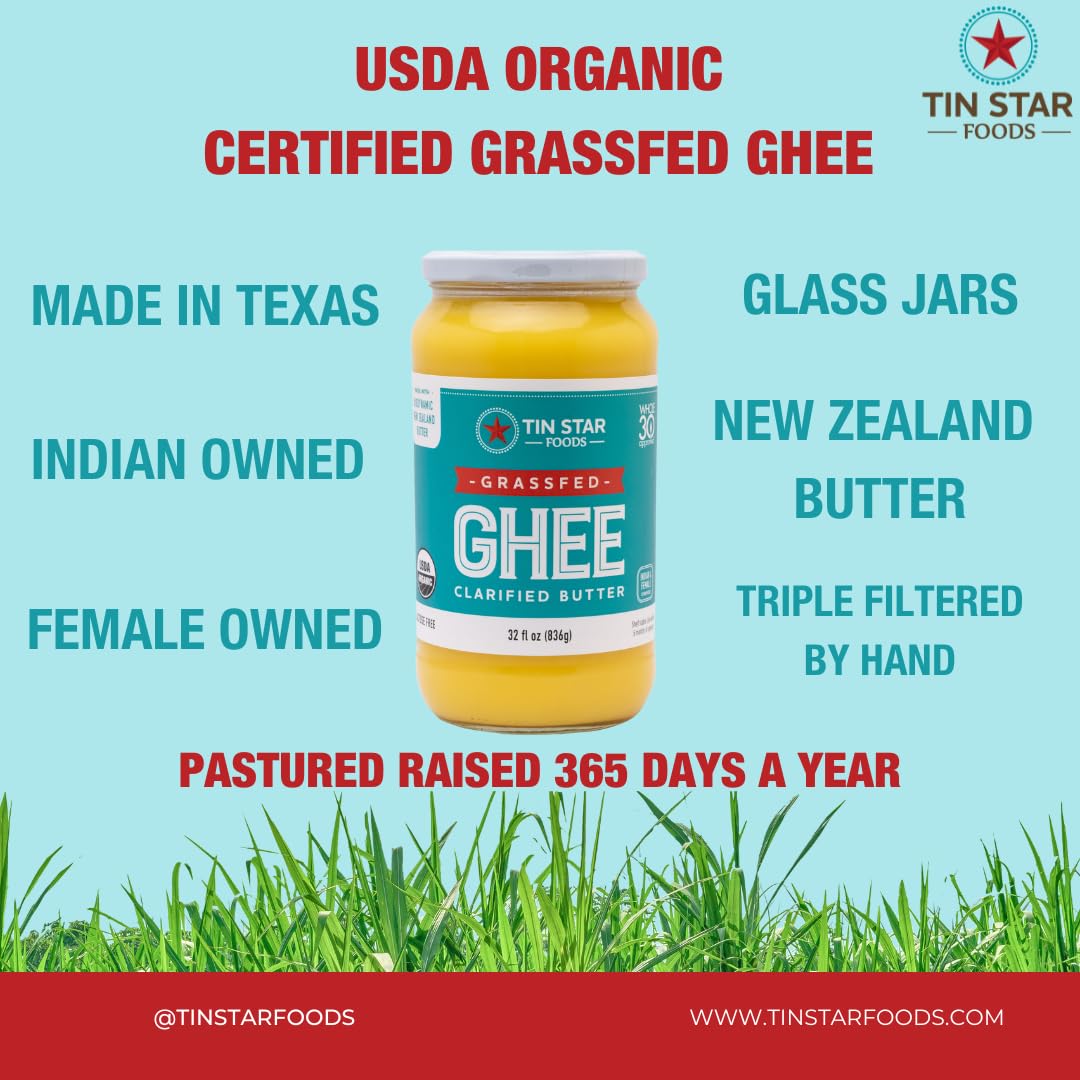 Tin Star Foods Grassfed Organic Ghee -365 Pasture Grazed, Hand Crafted Clarified Butter - Keto, Whole 30 And 21 Day Detox Approv