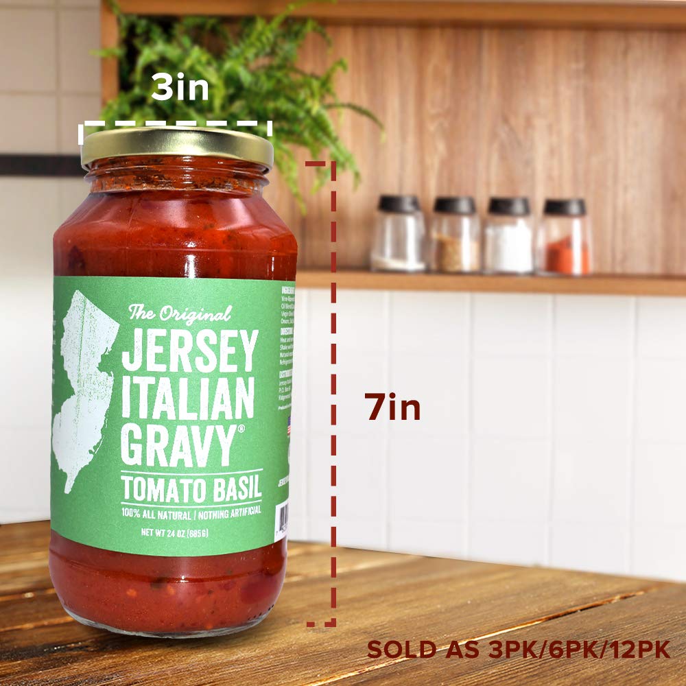 Jersey Italian Gravy-24 Oz Jar-Gourmet, All Natural All Purpose Tomato Sauce For Pasta And More, No Artificial Ingredients- Vegan Friendly-Authentic Recipe For Pasta, (Tomato Basil, 12 Pack)