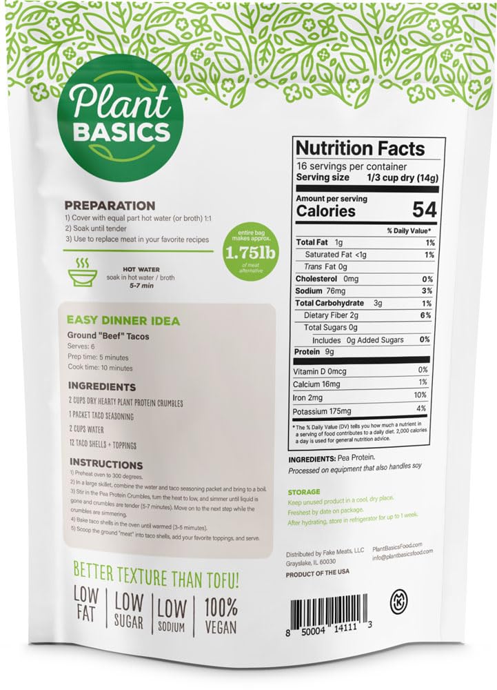 Plant Basics - Hearty Plant Protein - Unflavored Crumbles, 8 oz, Made from Peas, Non-GMO, Gluten Free, Low Fat, Low Sodium, Vega