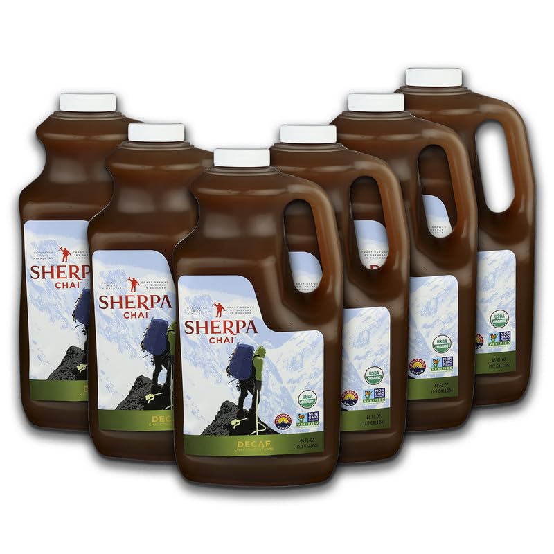 Sherpa Chai Decaf Organic Chai Tea Concentrate 384 Oz - Himalayan Black Tea Concentrate W/Freshly Pressed Flavor Blendger - Authentic Recipe Brewed By Nepali Sherpas - Chai Tea Gift For Latte Tea Lovers