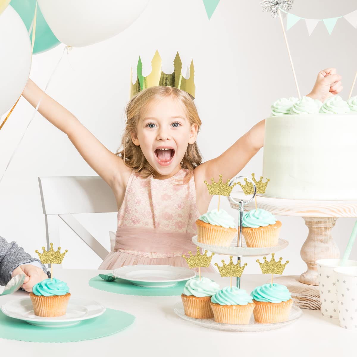 Donoter Crown Cupcake Toppers 48 Pcs Gold Glittery Paper Picks for Baby Shower Birthday Party Decorations