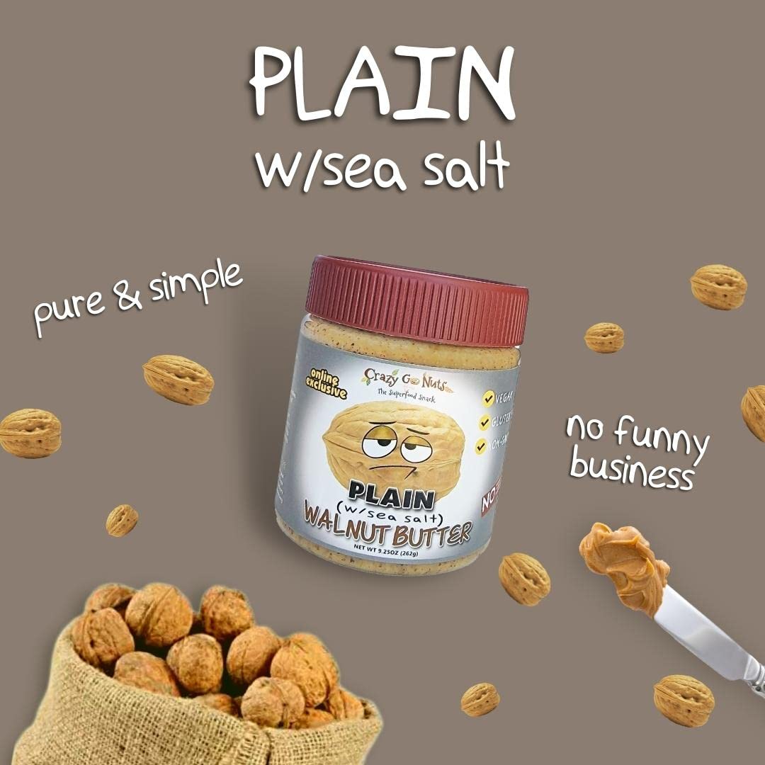 Crazy Go Nuts Walnut Butter - Plain W/ Sea Salt - Healthy Snacks, Keto, Vegan, Low Carb, Gluten Free, Superfood - Natural, Non-G