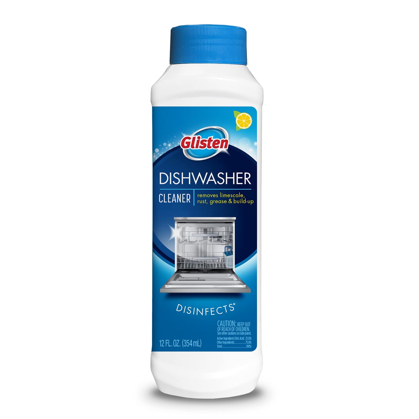 Glisten Dishwasher Cleaner, Removes Limescale, Rust, Grease & Build-Up, Disinfects, Lemon Scent, 12 Fl Oz