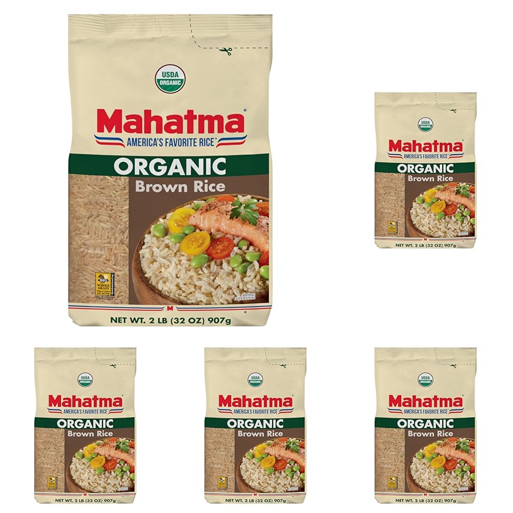 Mahatma Organic Brown Rice, 2-Pound Bag of Rice, Microwave Rice in 20 Minutes or Cook on Stovetop in 1 Hour (Pack of 5)