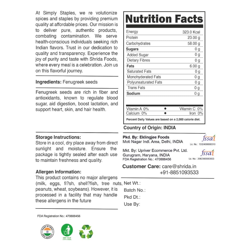 Simply Staples Organic Fenugreek Seeds, Whole Methi, 16 oz, USDA Organic, Non-GMO, Natural Spice for Cooking and Wellness