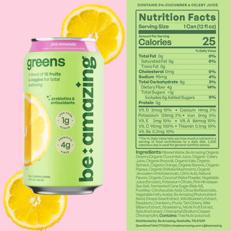 Be Amazing Greens - Pink Lemonade - Ready To Drink Super Greens 12 Oz Cans (8 Pack)