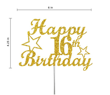 RokAPary 16th Birthday Cake Topper Gold Glitter, Sturdy Acrylic, Double-Sided Decoration, Model RCT217