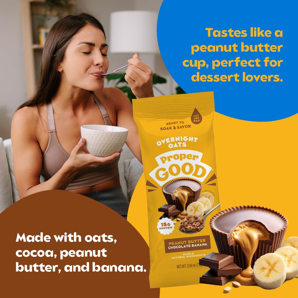 Proper Good Pb Chocolate Banana Overnight Oats - Delicious Breakfast With 15G Protein Per Serving - Easy Meals, Natural Ingredie