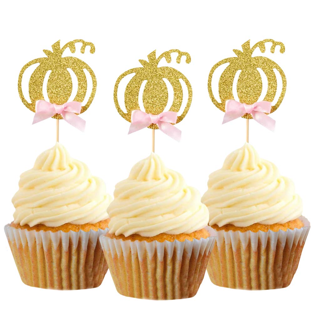 Pumpkin Cupcake Topper Fall Theme Cake Decoration For Pumpkin Themed Baby Shower Party Supplies Pumpkin Food Pick - Set Of 24 (Pink Bow)