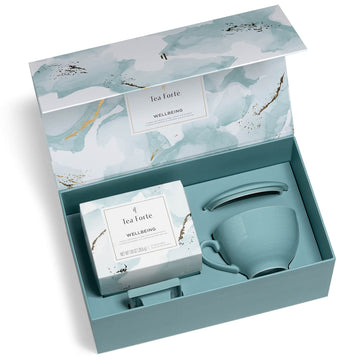 Tea Forte Wellbeing 3-Piece Premium Tea Gift Set With Light Blue Cafe Cup With Lid, Tea Tray And 10 Assorted 2 Of Each Variety O