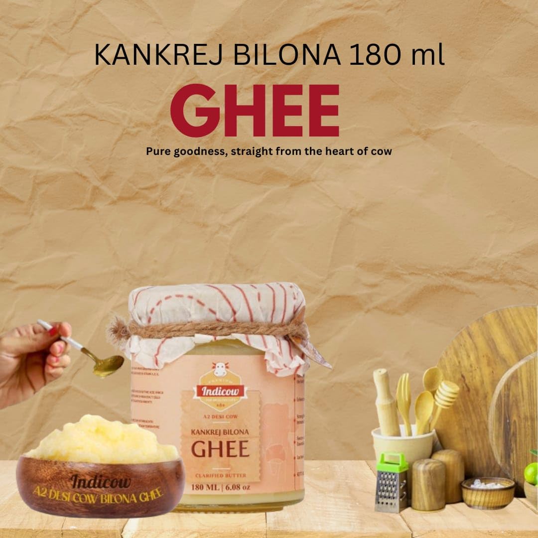 Indicow A2 Desi Cow Ghee, Clarified Butter 180ml | Grass Fed Cows | (180ml (6.08oz), A2 Kankrej Cow Ghee) | Keto and Paleo Frien