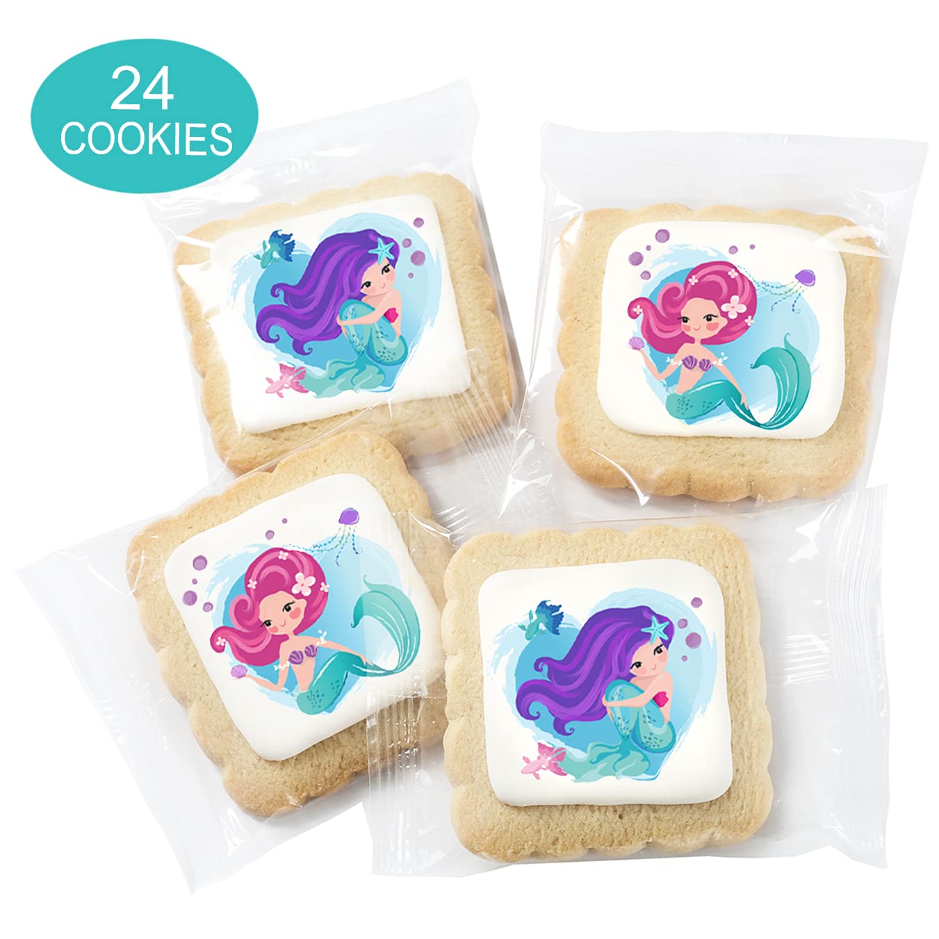 Mermaid Party Favors Cookies Decorated | Individually Wrapped 24 Pack | Theme Birthday Candy | Treats Dessert Table Sweets