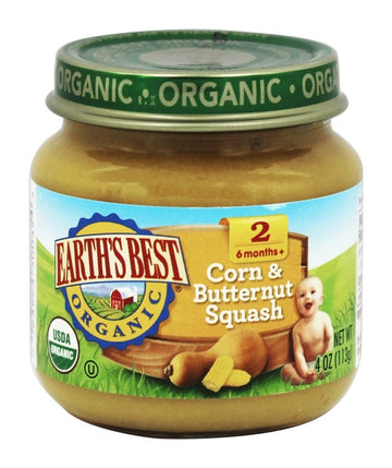 Earth'S Best Organic Baby Food Jars, Stage 2 Vegetable Puree For Babies 6 Months And Older, Organic Corn And Butternut Squash, 4