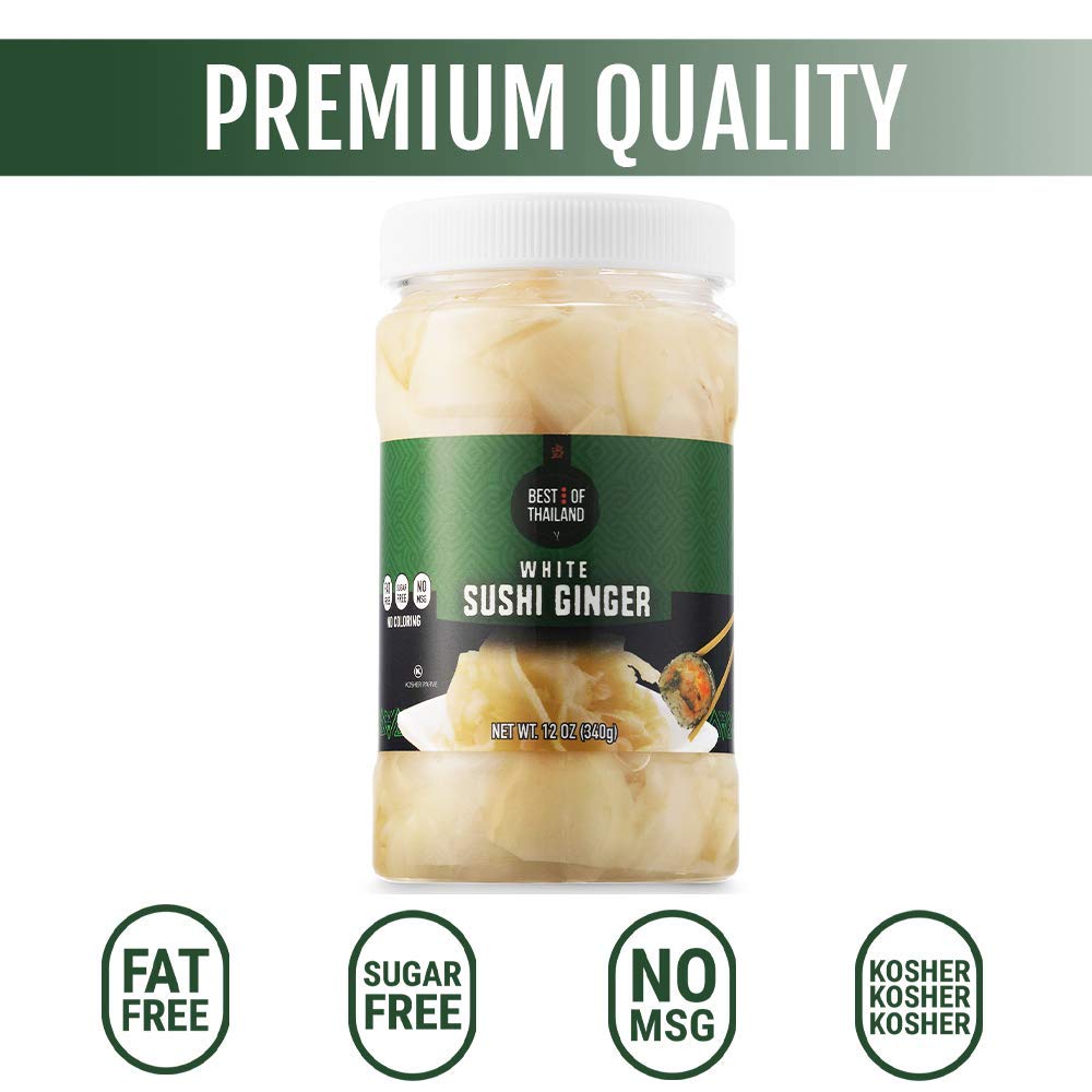 Best Of Thailand Japanese White Pickled Sushi Ginger | No Msg | 2 Jars Of 12Oz Fresh Sliced Young Gari Pickled Ginger In Sweet P