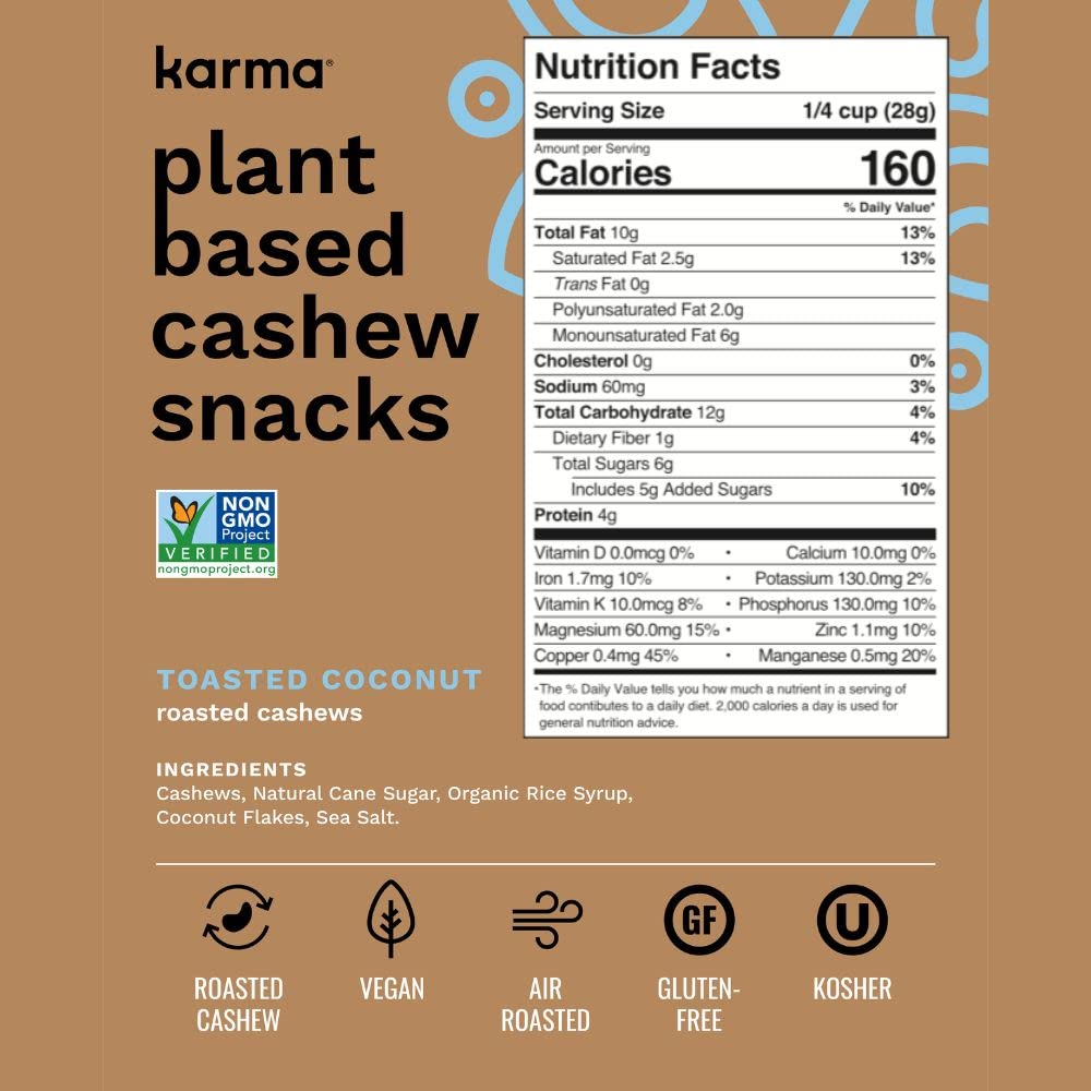 Toasted Coconut Air Roasted Whole Cashews by Karma Nuts, Lightly Sweetened, Peanut-Free Facility, Kosher, Everyday Nut Snack, 7o