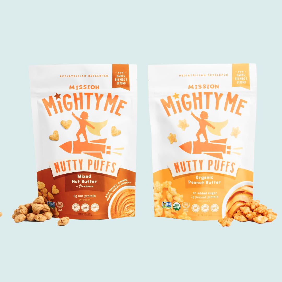 Mission Mighty Me Nutty Puffs Peanut + Mixed Nut Butter Variety for Babies + Kids - Plant-Based, Gluten-Free, Pediatrician Devel