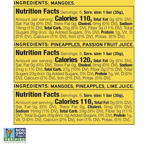South 40 Snacks Mix of 3 enhanced Tropical Fruit Bars Variety Pack Just 1-3 Ingredients Mango and Pineapple Based with Passionfruit and Lime Unsweetened No Added Sugar Individually Wrapped (35g Bar Pack of 18)