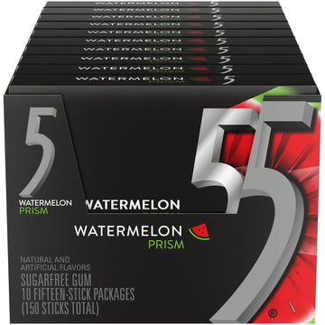 Wrigley'S 5 Gum Watermelon Prism Sugar Free Chewing Gum, 15 Pieces (10 Pack)