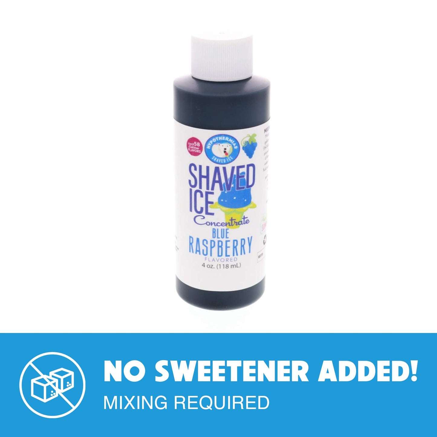 Hypothermias Shaved Ice And Snow Cone Syrup Unsweetened Flavor Concentrate - 4 Fl. Oz - Makes 1 Gallon Of Syrup - Blue Raspberry